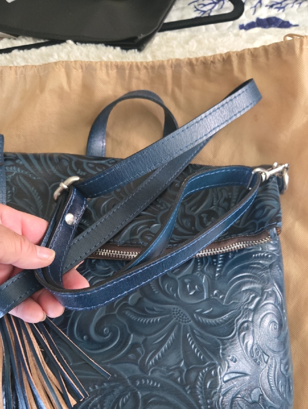 Patricia Nash Navy Embossed Leather Crossbody with Tan Tassel - Picture 9 of 14